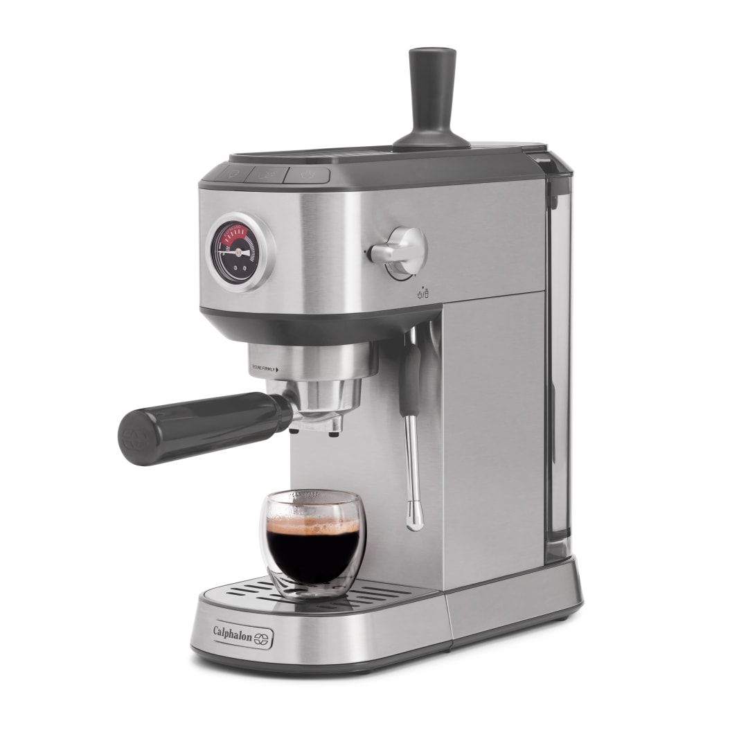 Calphalon® Miniatura Espresso Machine, Compact Home Espresso Machine with Milk Frother and Pressure Gauge, Stainless Steel