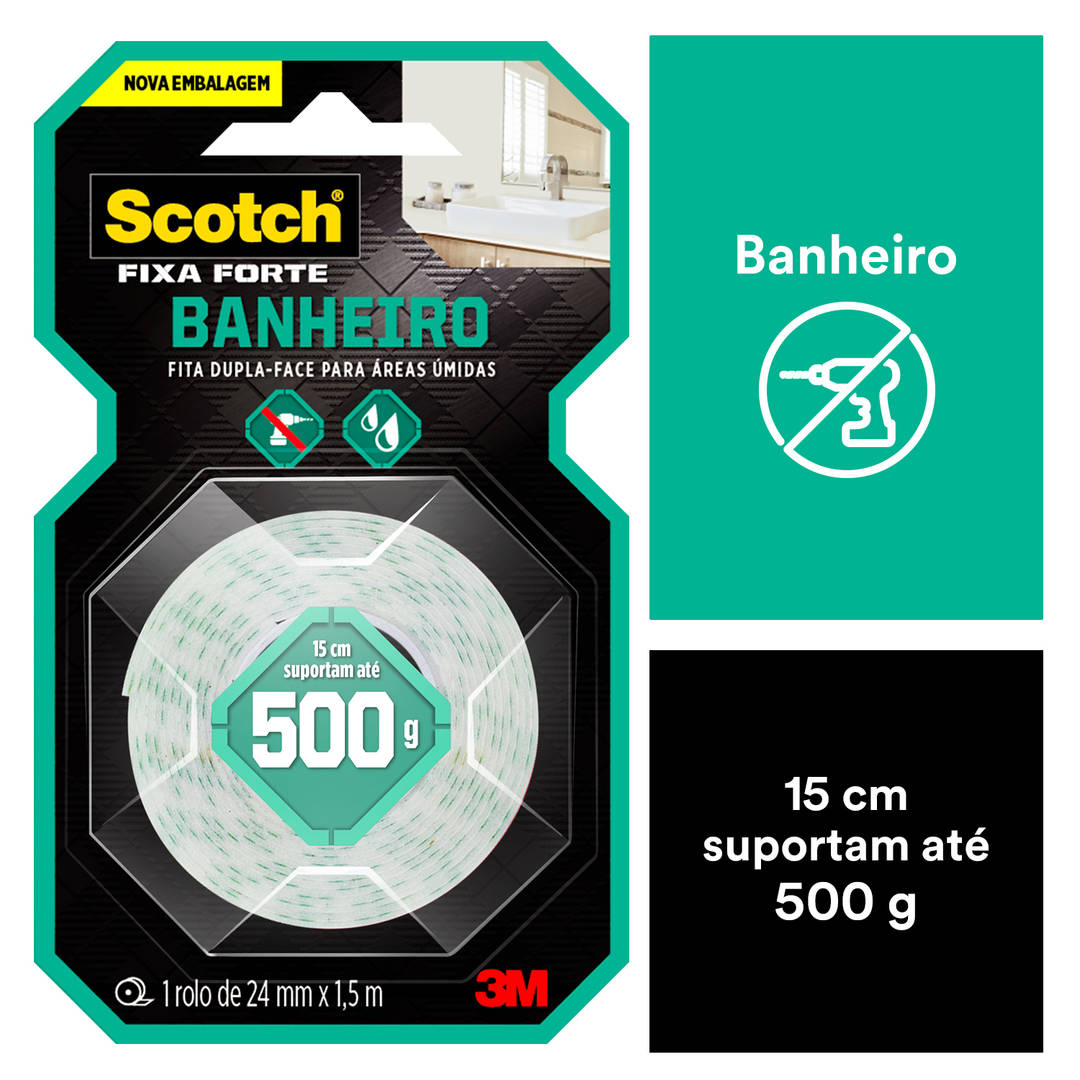 Fita Dupla Face 3M™ Scotch® Fixa Forte, Banheiros, 24 mm x 1,5 m