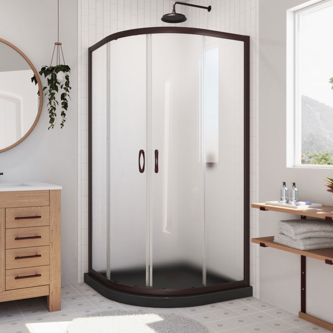 DreamLine Prime 36 inch D x 36 inch W x 74 3/4 inch H Semi-Frameless Sliding Frosted Shower Enclosure in Oil Rubbed Bronze with Black Shower Base Kit