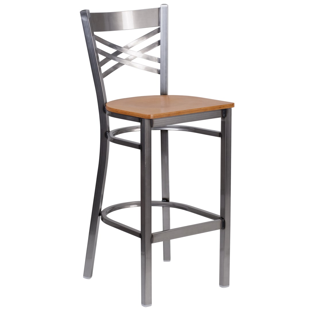 HERCULES Series Silver Antique Finish with Clear Coat ''X'' Back Metal Restaurant Barstool - Natural Wood Seat