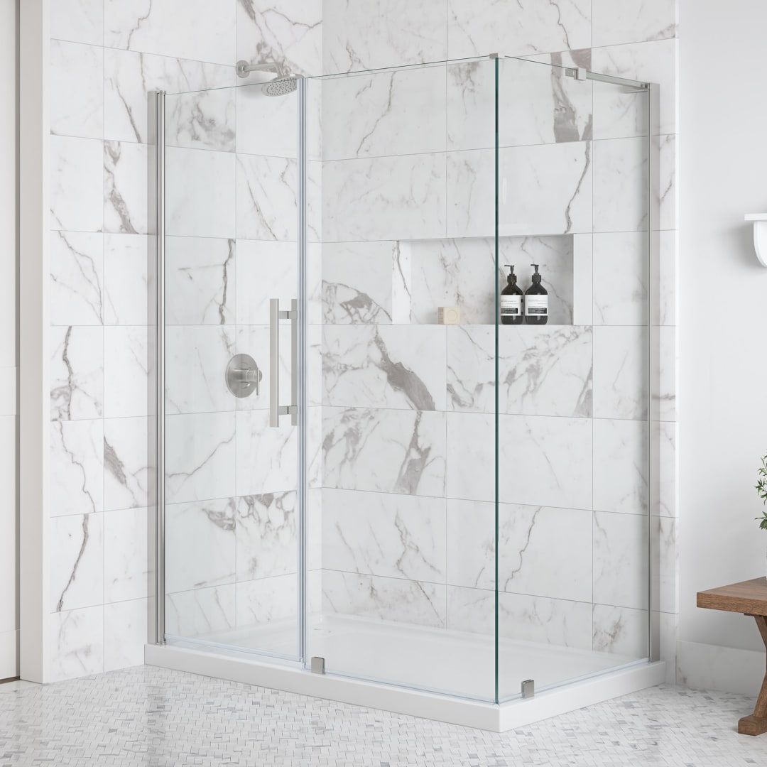OVE Breeze Pivot 60 in. W x 36 in. D x 74 3/4 in. H Corner Frameless Pivot Shower Door Kit in Satin Nickel with Base Pan