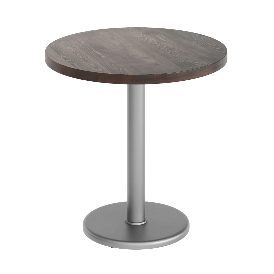 Bennett 30" Round Solid Wood Commercial Indoor Tabletop in Dark Brown with 18" Round Dining Height Rust-Resistant Silver Cast Iron Base