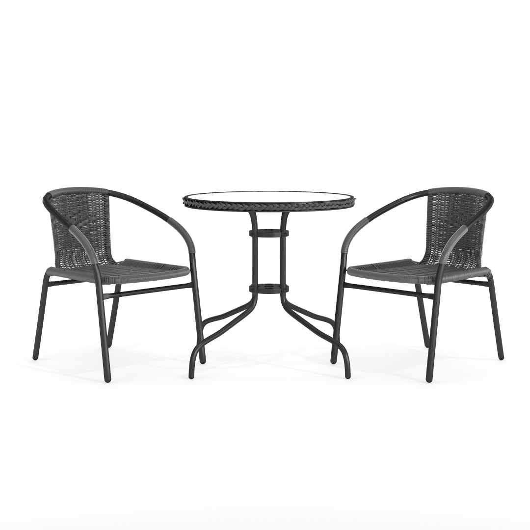 Lila 28'' Round Glass Metal Table with Gray Rattan Edging and 2 Gray Rattan Stack Chairs