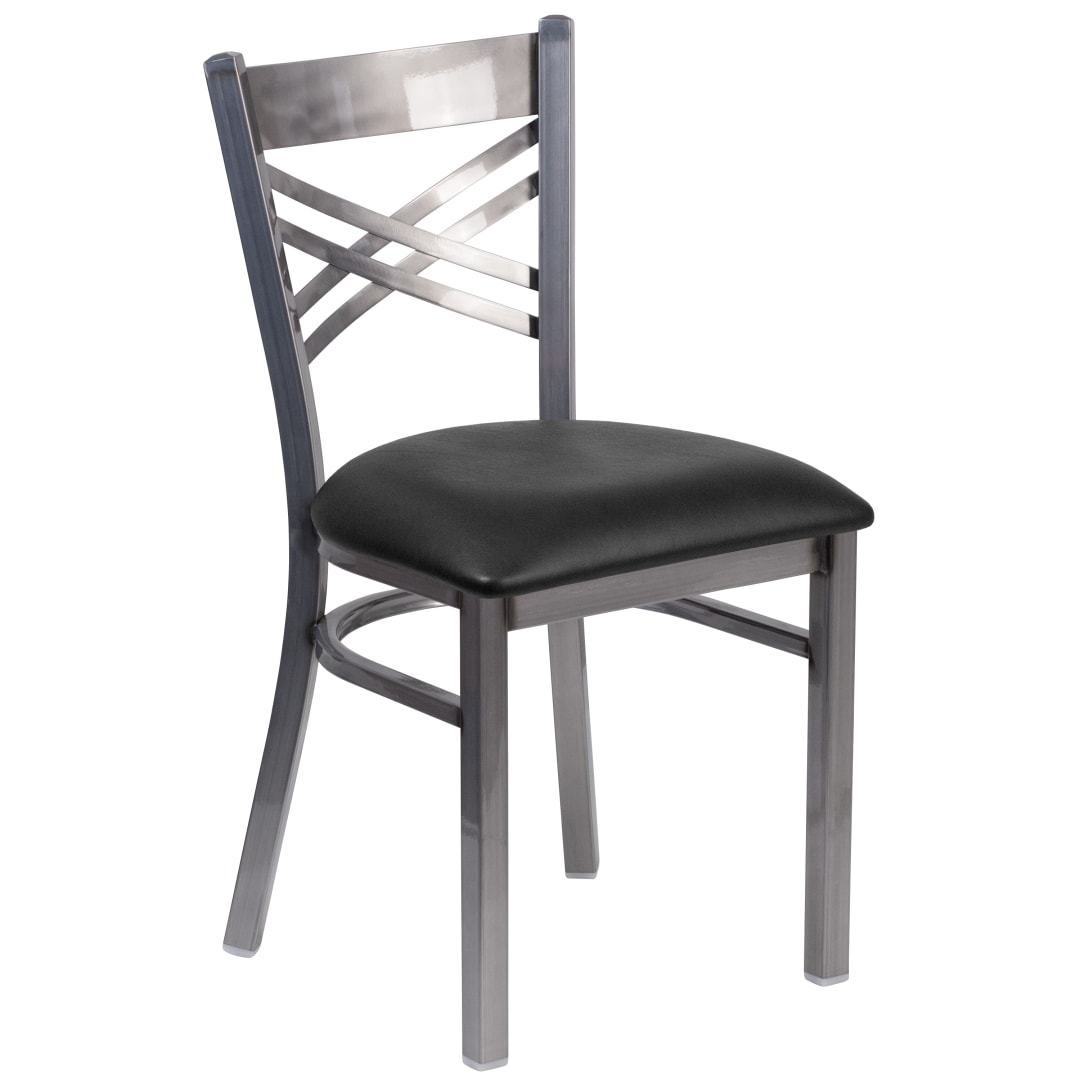 HERCULES Series Silver Antique Finish with Clear Coat ''X'' Back Metal Restaurant Chair - Black Vinyl Seat
