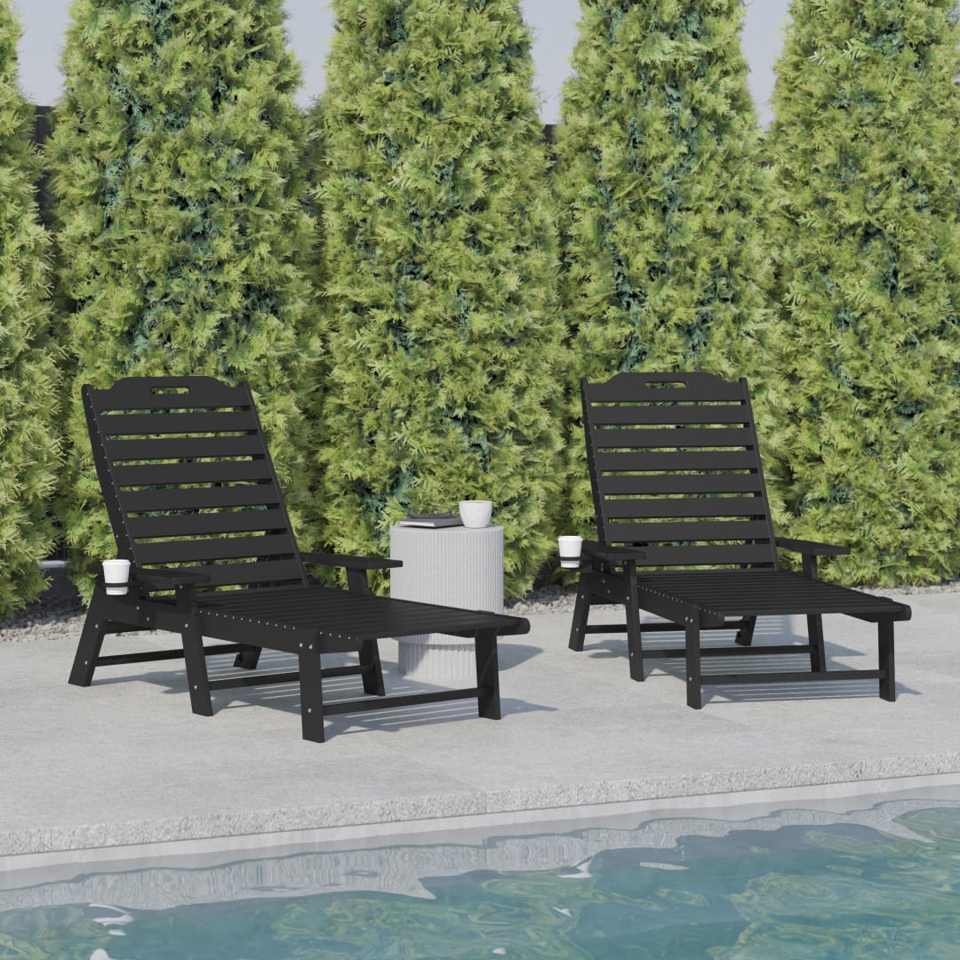 Monterey Set of 2 Adjustable Adirondack Loungers with Cup Holders- All-Weather Indoor/Outdoor HDPE Lounge Chairs in Black