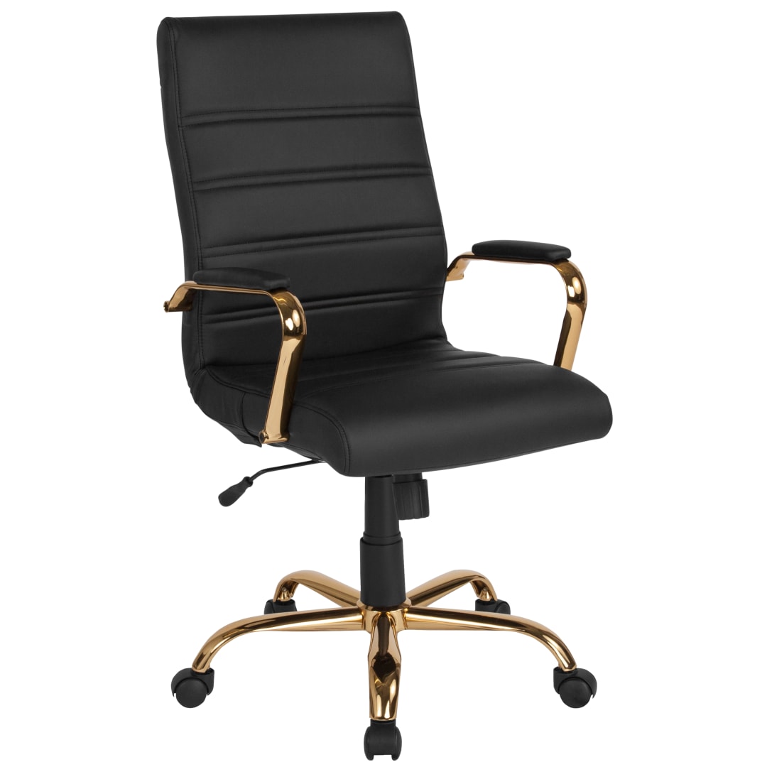 Whitney High Back Black LeatherSoft Executive Swivel Office Chair with Gold Frame and Arms