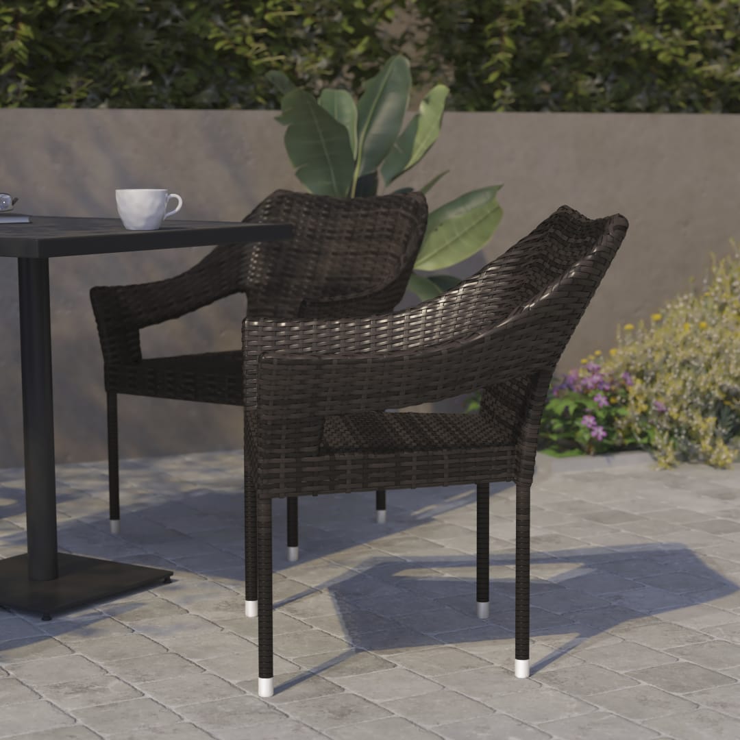 Ethan Set of 2 Commercial Grade Stacking Patio Chairs, All Weather PE Rattan Wicker Patio Dining Chairs in Espresso