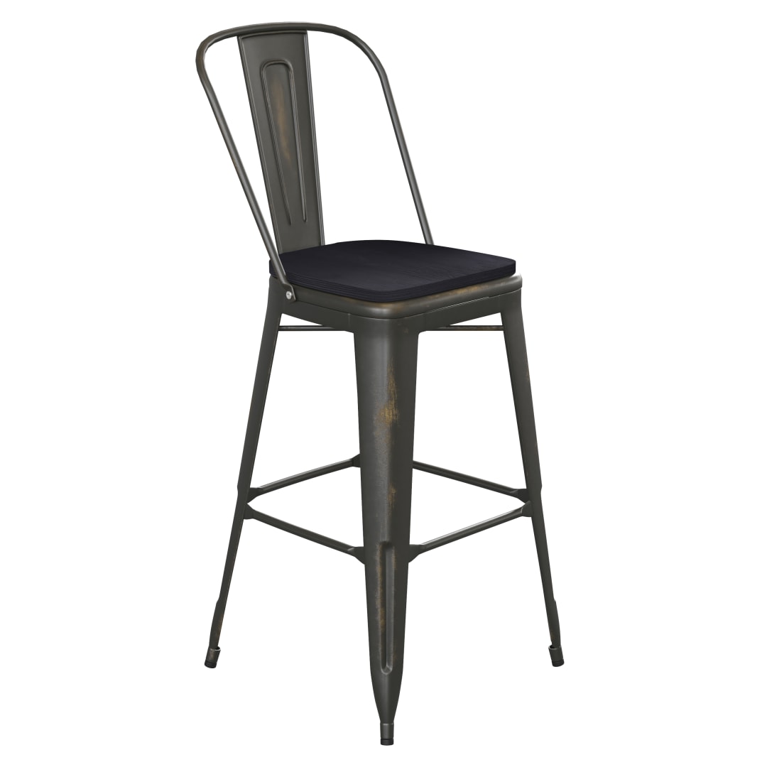 Carly Commercial Grade 30" High Copper Metal Indoor-Outdoor Barstool with Back with Black Poly Resin Wood Seat