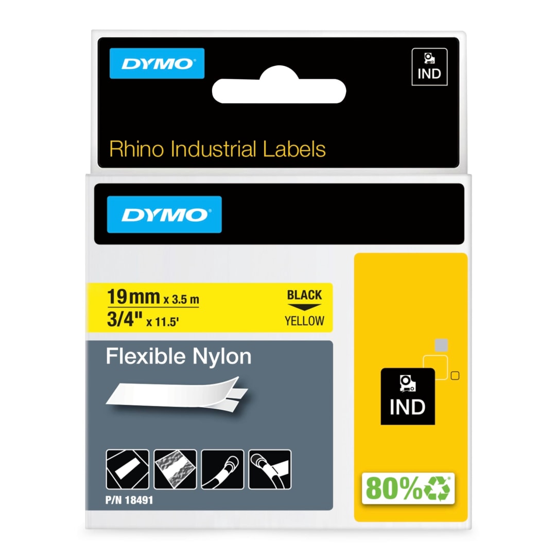 DYMO® Rhino Industrial Flexible Nylon Labels, 3/4" x 11.5', Black Print on Yellow Tape