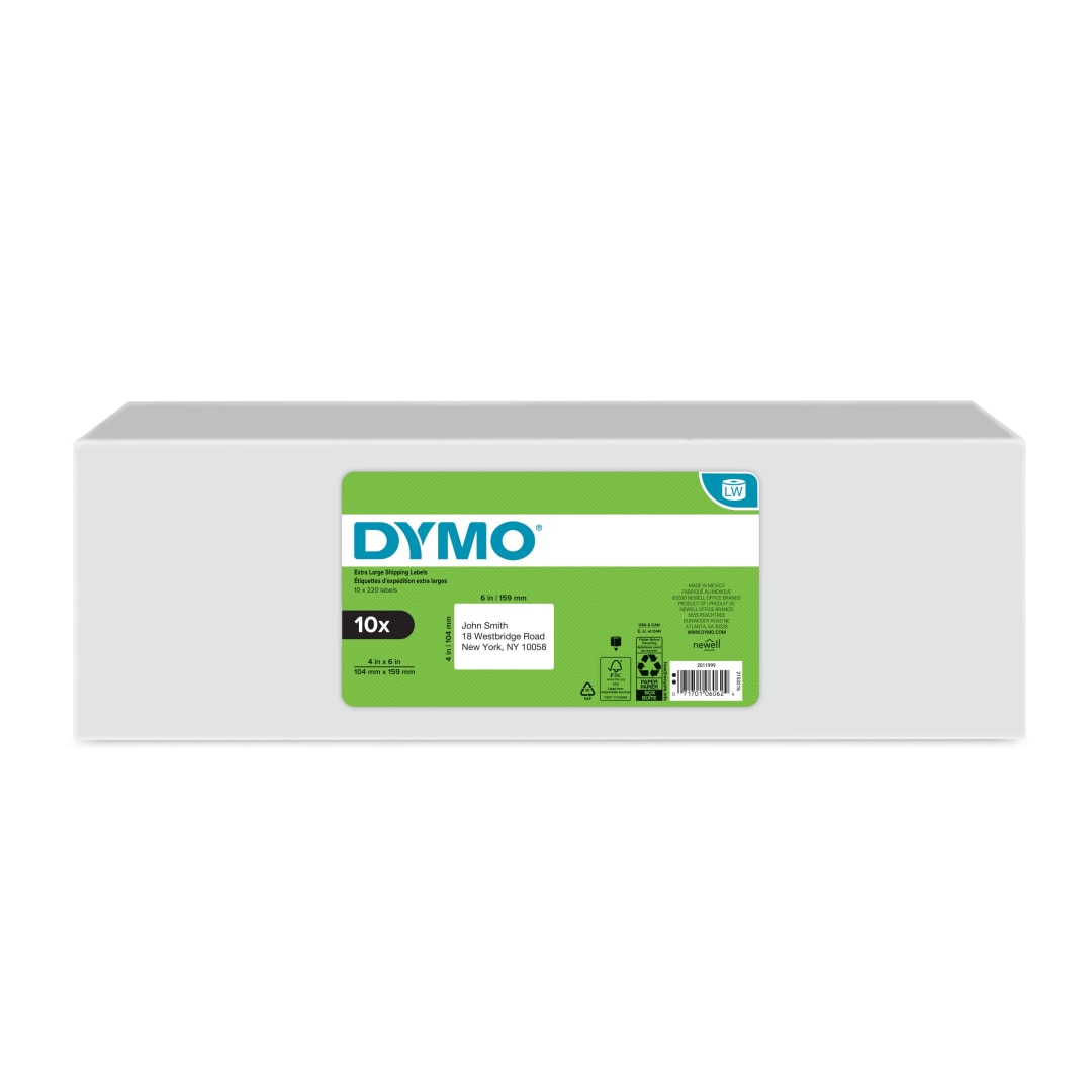 DYMO® Authentic LW Extra-Large Shipping Labels for LabelWriter™ Label Printers, White, 4" x 6", 10 Rolls of 220 (2200 Total)