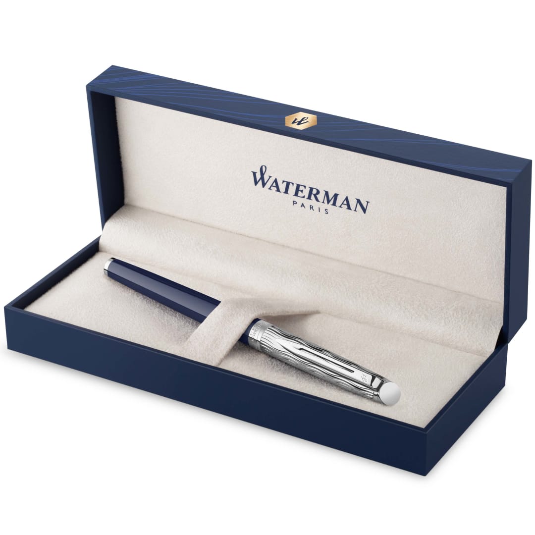Waterman Hémisphère pluma estilográfica | Metalizada y lacada en azul | Capuchón labrado | Plumín mediano de acero inoxidable | Tinta azul | Estuche de regalo