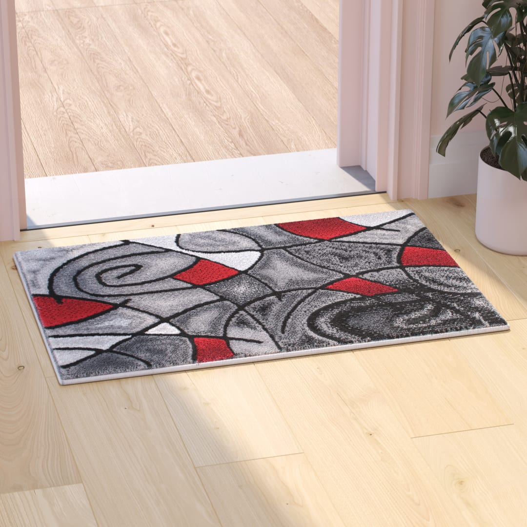 Jubilee Collection 2' x 3' Red Abstract Pattern Area Rug - Olefin Rug with Jute Backing for Hallway, Entryway, or Bedroom