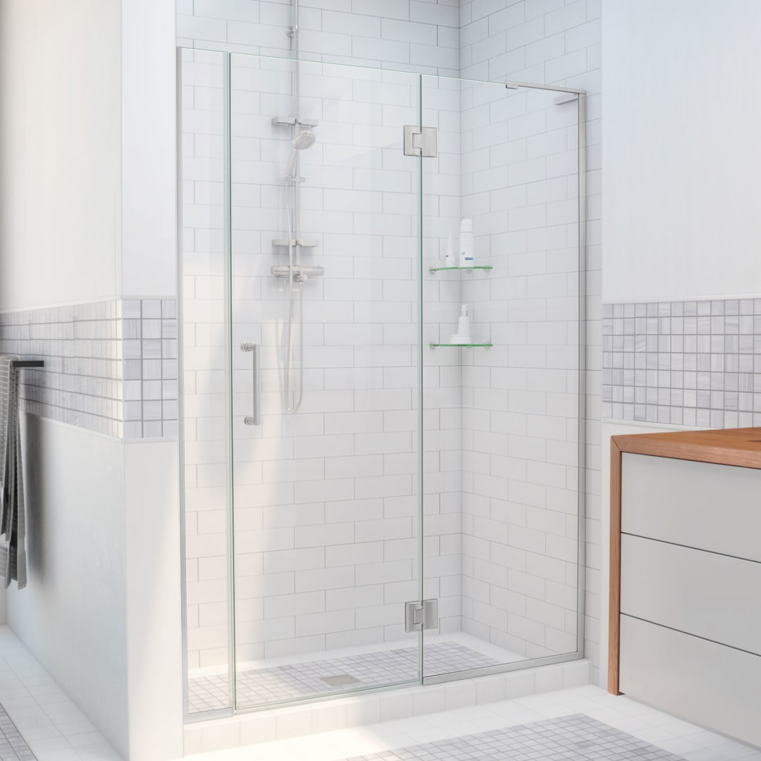 DreamLine Unidoor-X 54 1/2 - 55 inch W x 72 inch H Frameless Hinged Shower Door in Brushed Nickel - Right Wall Installation