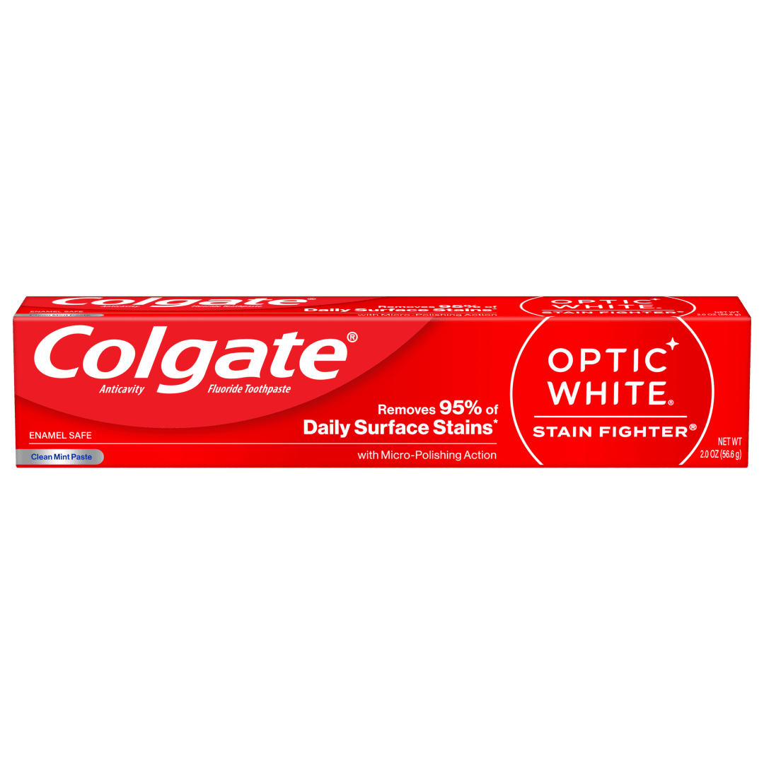 Colgate Optic White Stain Fighter Clean Mint Paste Teeth Whitening Toothpaste, Travel Size Anticavity Toothpaste with Fluoride, 2.0 OZ