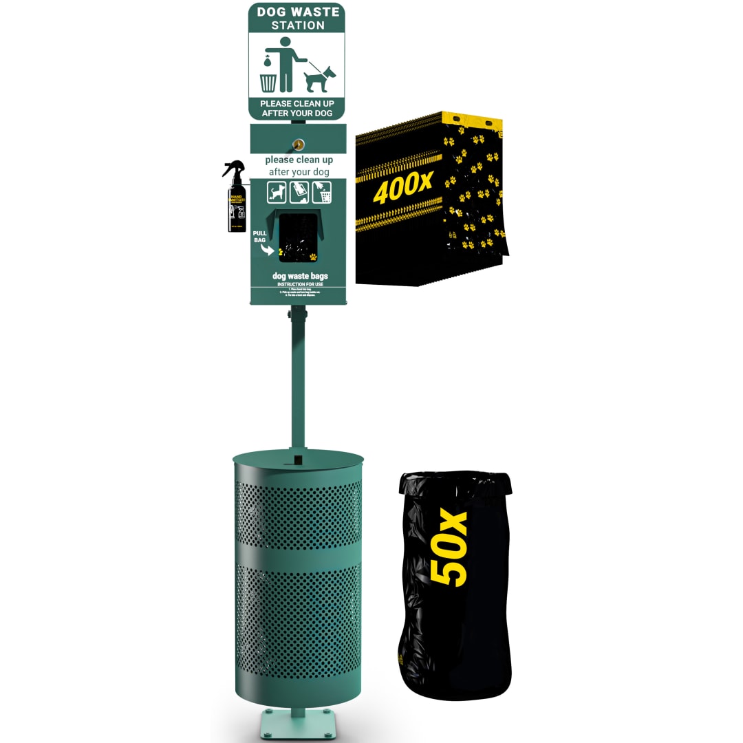 Kessler Pet Waste Station with Glow in the Dark Sign, Bag Dispenser, Sanitizer Bottle, Trash Can with Lid - Includes 400 Pull Out Bags & 50 Can Liners