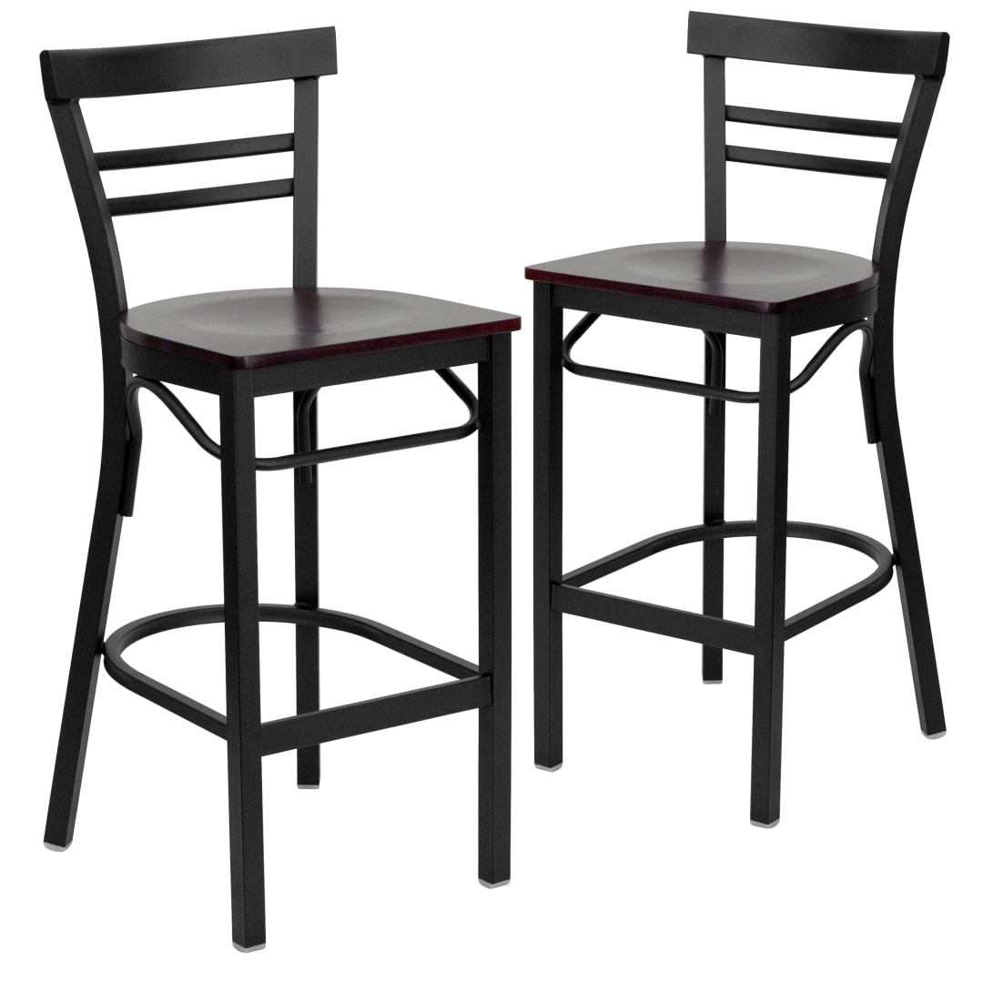 2 Pk. HERCULES Series Black Two-Slat Ladder Back Metal Restaurant Barstool - Mahogany Wood Seat