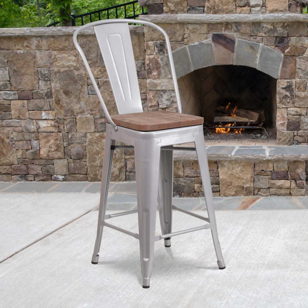 Lily 24" High Silver Metal Counter Height Stool with Back and Wood Seat