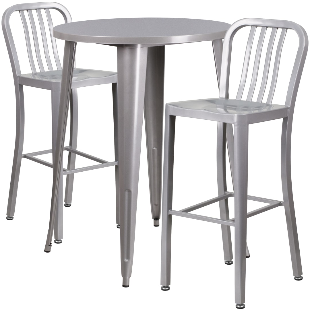 Brad Commercial Grade 30" Round Silver Metal Indoor-Outdoor Bar Table Set with 2 Vertical Slat Back Stools