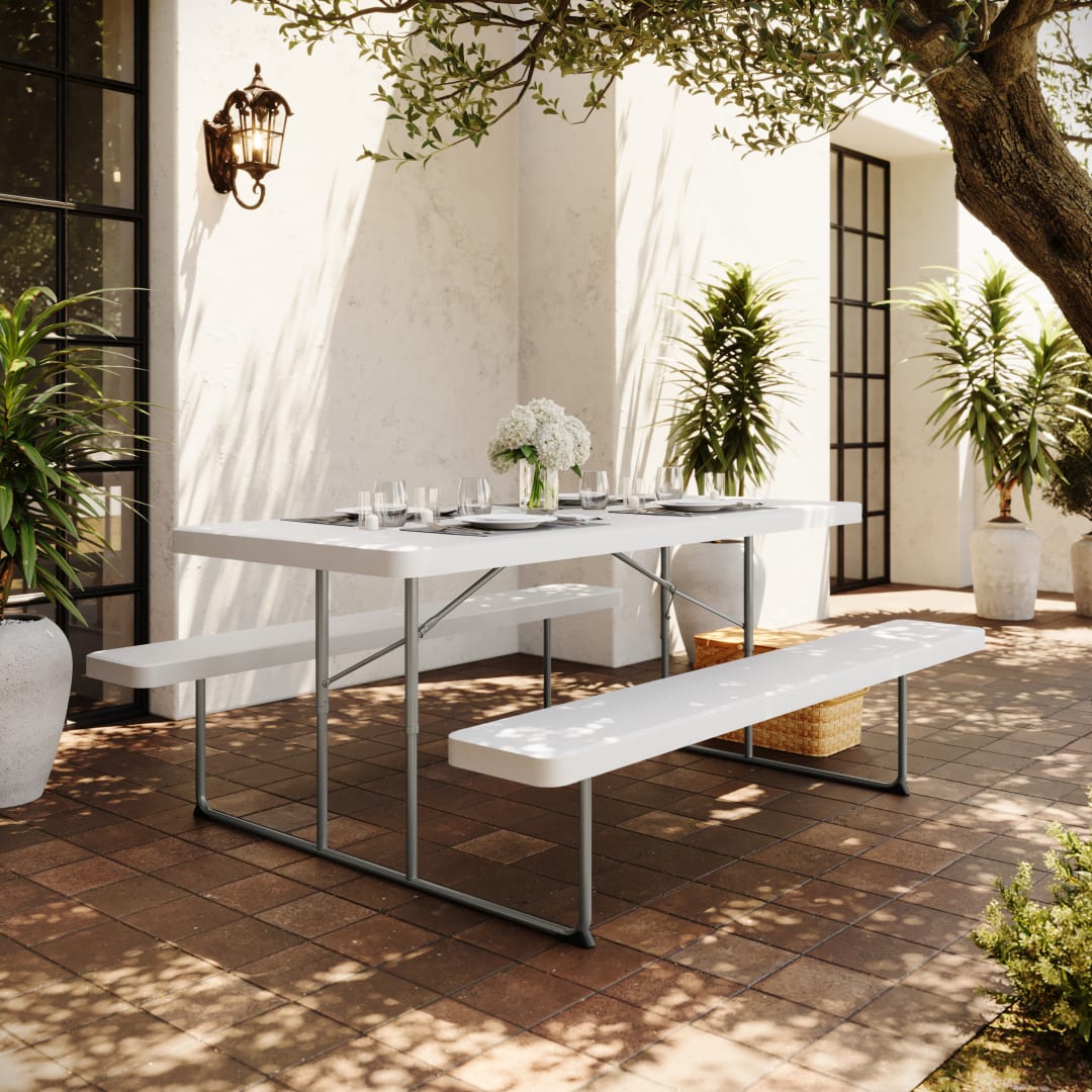 Insta-Fold 6 Foot Granite White Indoor-Outdoor Picnic Table - Commercial Grade Foldable Steel Frame - Impact and Stain Resistant HDPE Top and Benches