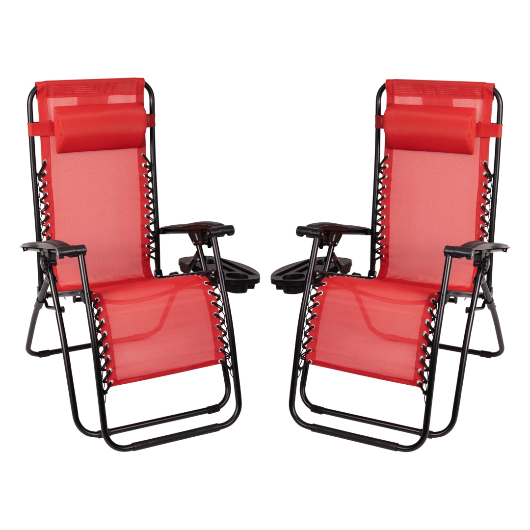 Celestial Adjustable Folding Mesh Zero Gravity Reclining Lounge Chair with Pillow and Cup Holder Tray in Red