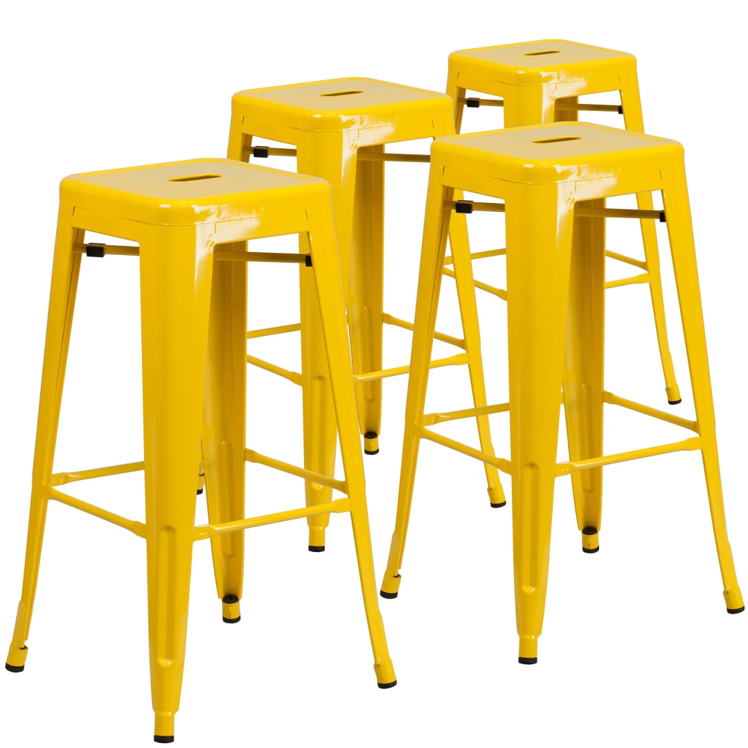 Lily 4 Pack Commercial Grade 30" High Backless Yellow Metal Indoor-Outdoor Barstool with Square Seat