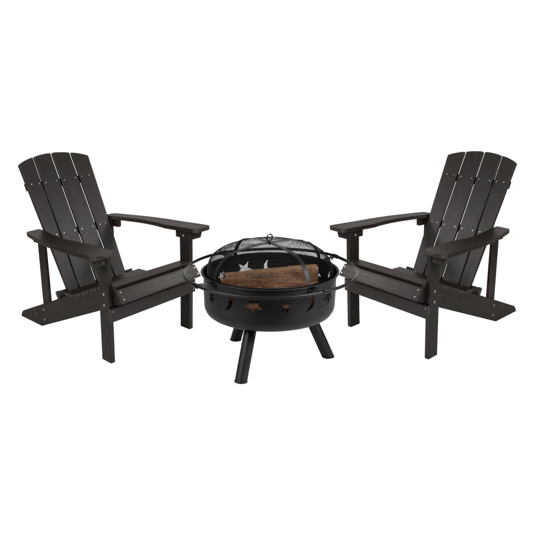 3 Piece Charlestown Commercial Slate Gray Commercial Poly Resin Wood Adirondack Chair Set with Fire Pit - Star and Moon Fire Pit with Mesh Cover