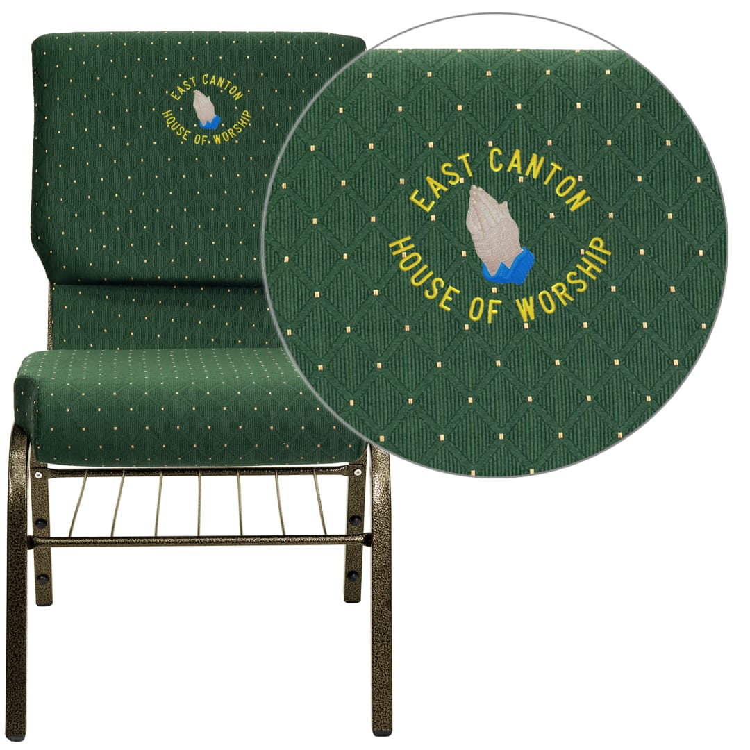 Embroidered HERCULES Series 18.5''W Church Chair in Green Patterned Fabric with Book Rack - Gold Vein Frame