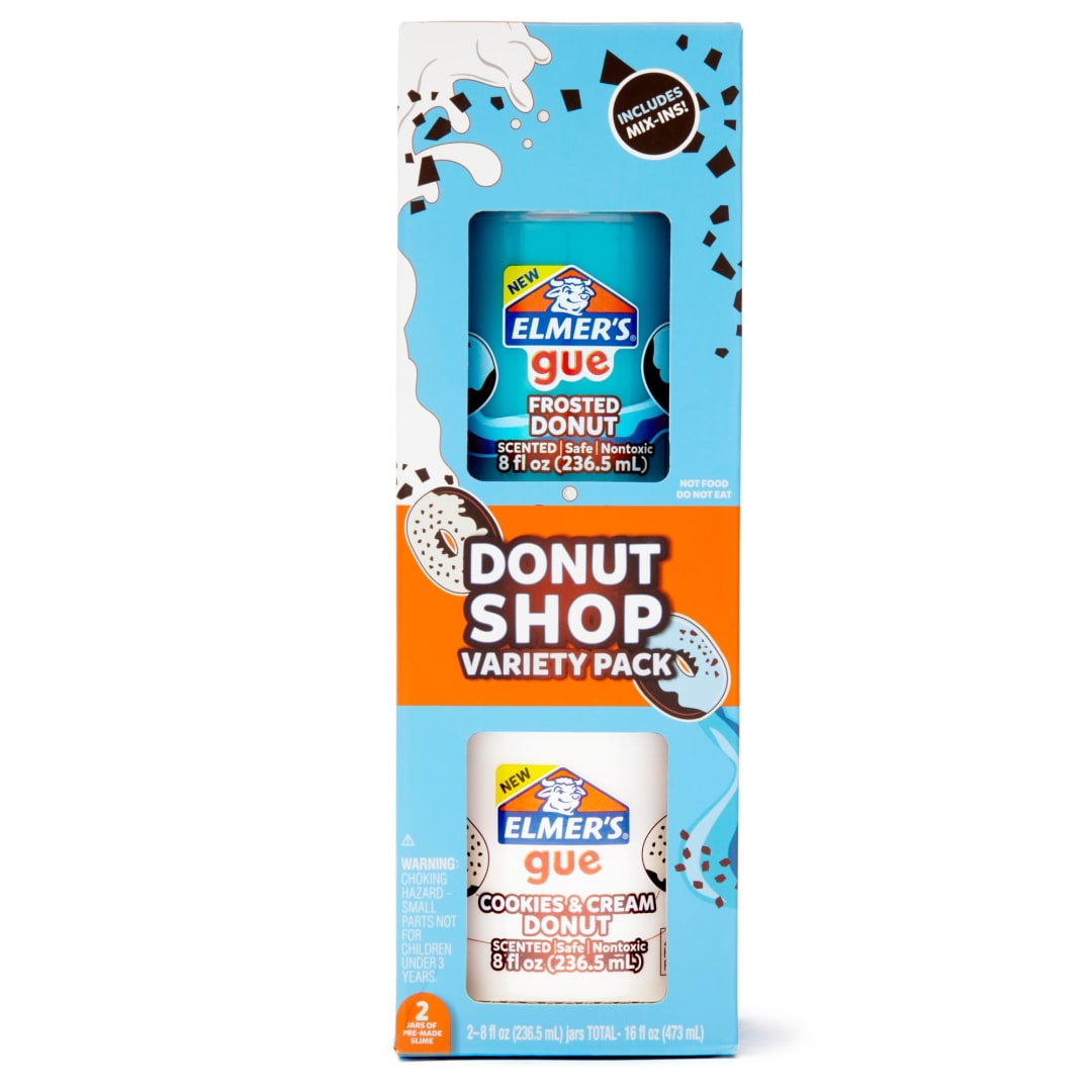 Elmer’s Gue Premade Slime, Donut Shop Variety Pack, Scented, Includes Fluffy Slime, Glossy Blue Slime, and Slime Add-Ins, 2 Count