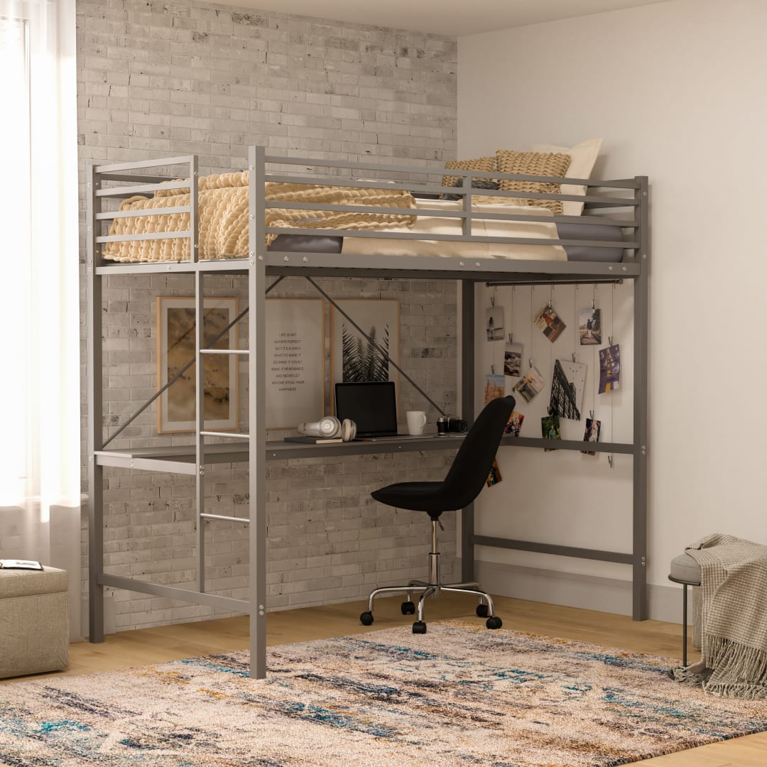 Jake Loft Bed Frame with Desk, Twin Size Metal Bed Frame with Protective Guard Rails &amp; Ladder for Kids, Teens and Adults - Gray