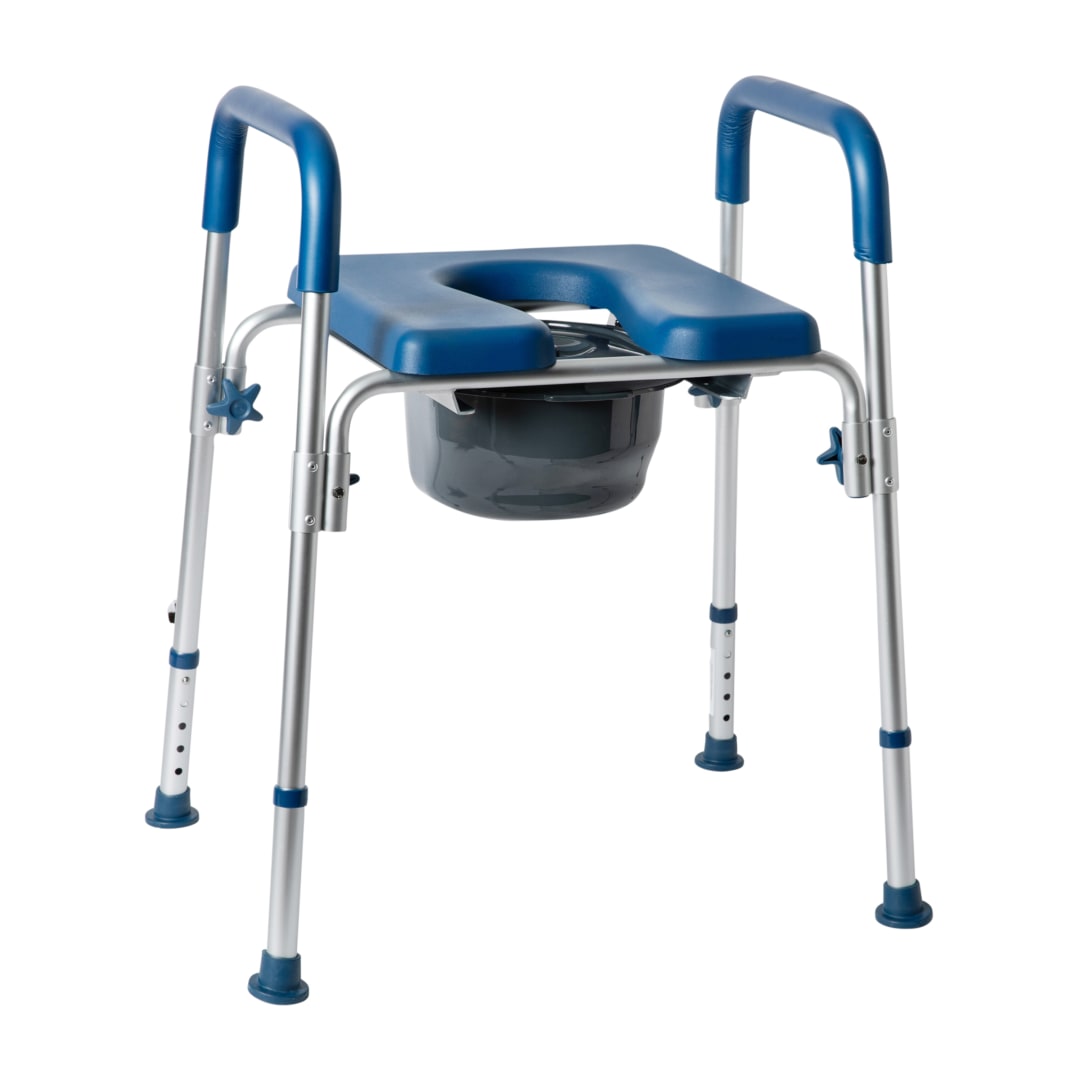 Hercules Blue Shower Commode Chair with Safety Rail, Height Adjustable Frame, Padded Seat &amp; Armrests, Commode Pail with Lid, Fits Most Toilets