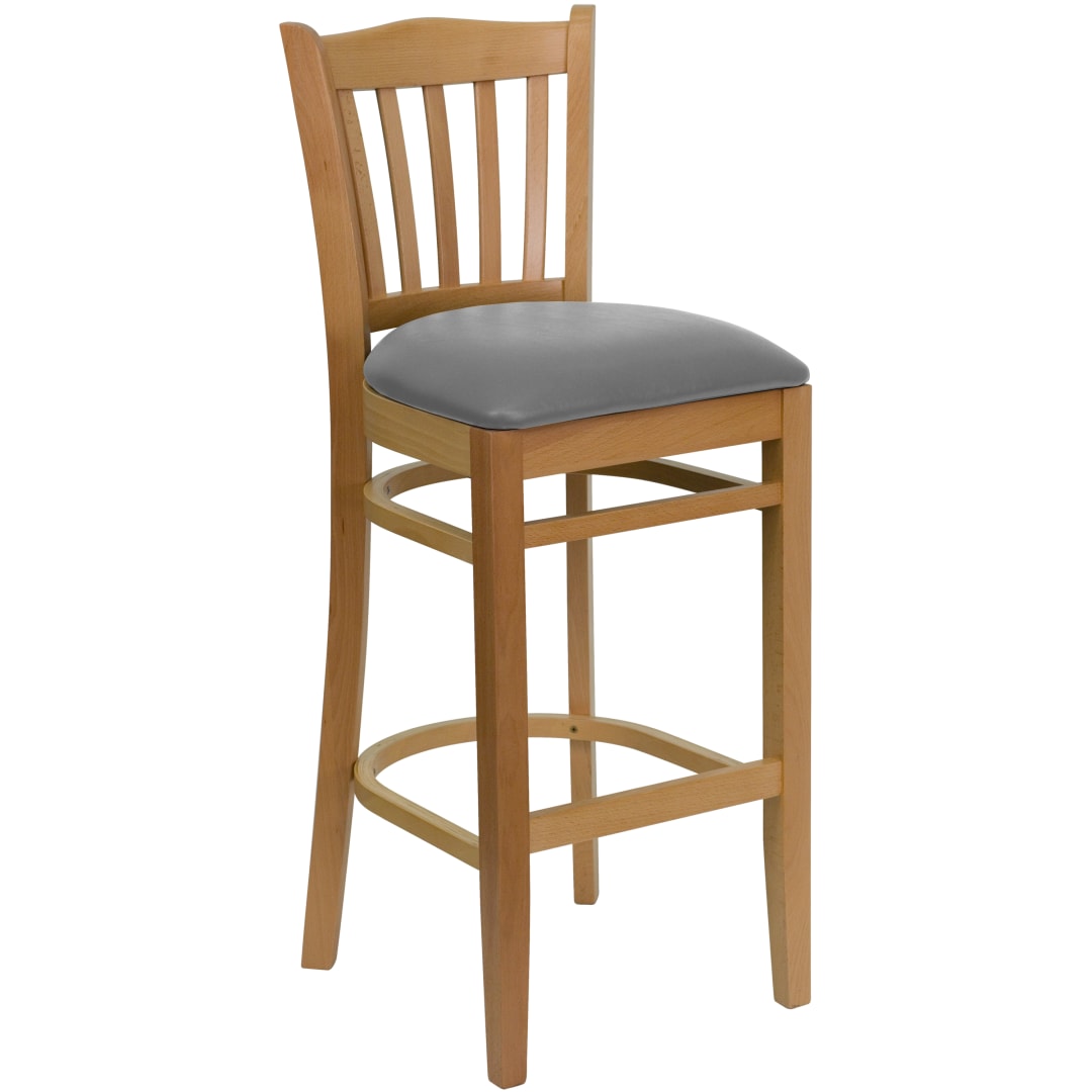 HERCULES Series Vertical Slat Back Natural Wood Restaurant Barstool - Custom Upholstered Seat