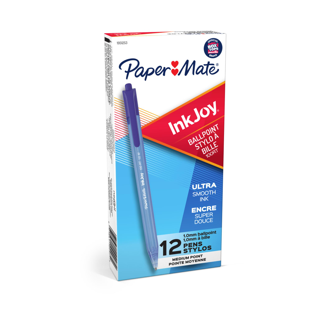 Paper Mate® InkJoy® 100RT Retractable Ballpoint Pens, Medium Point, Blue, Box of 12
