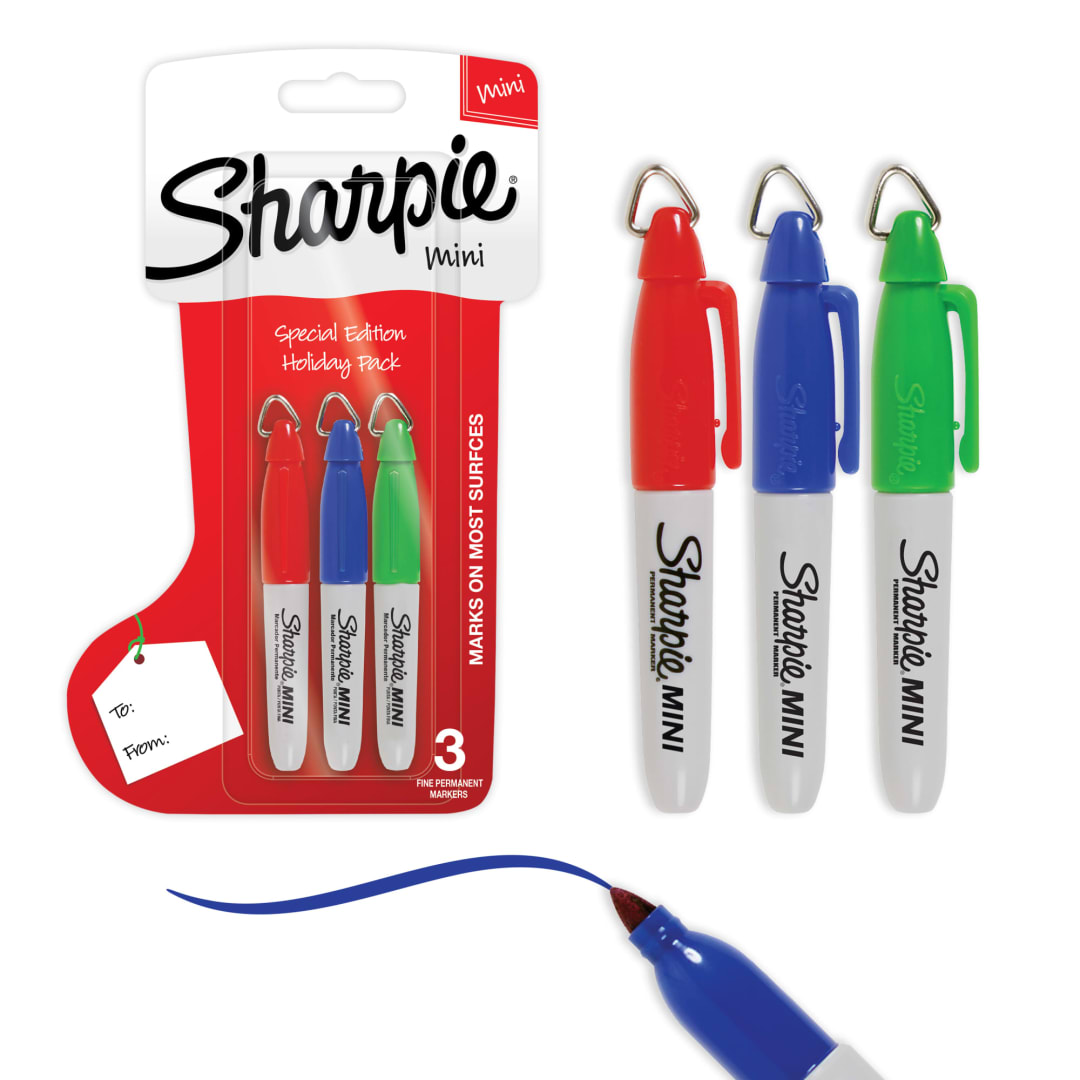 Sharpie Mini Permanent Markers, Holiday Edition, Perfect Stocking Stuffer, Fine Point, Assorted, 3 Count