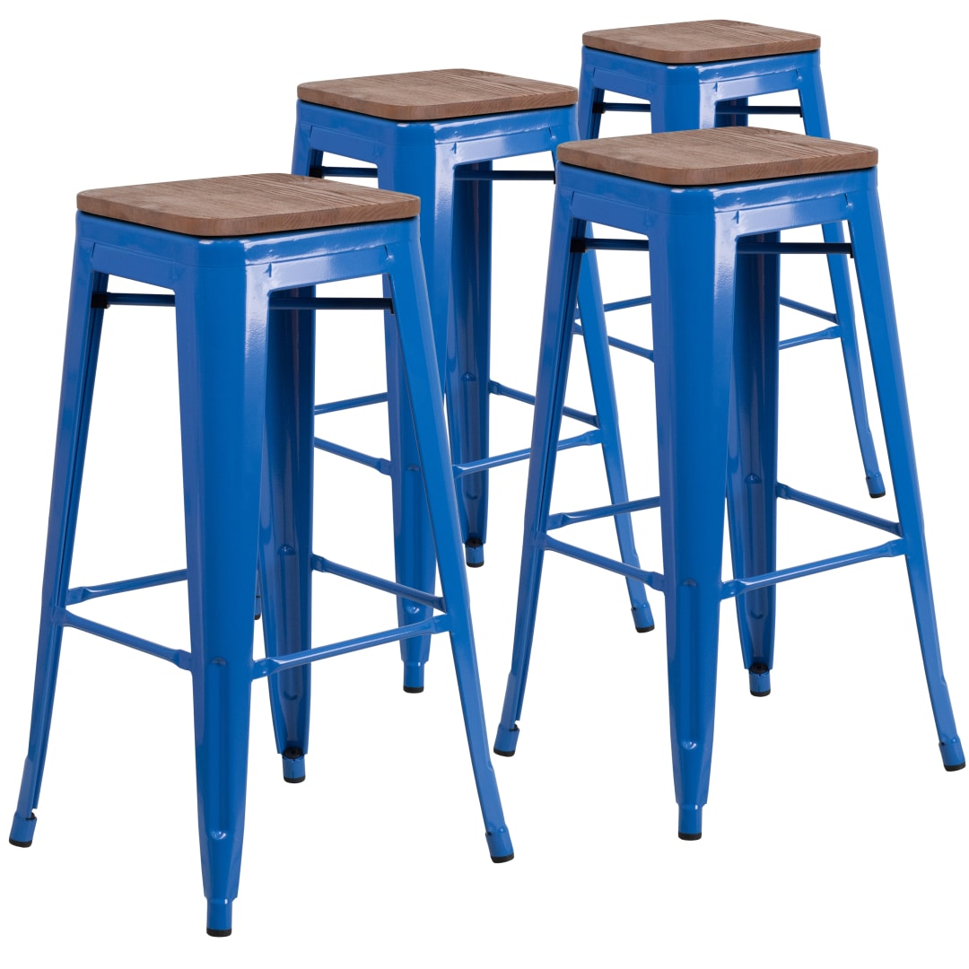 Lily 4 Pk. 30" High Backless Blue Metal Barstool with Square Wood Seat