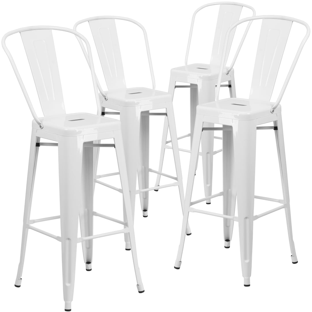 Lily Commercial Grade 4 Pack 30" High White Metal Indoor-Outdoor Barstool with Removable Back