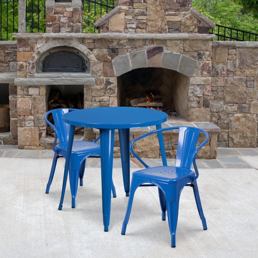 Conrad Commercial Grade 30" Round Blue Metal Indoor-Outdoor Table Set with 2 Arm Chairs