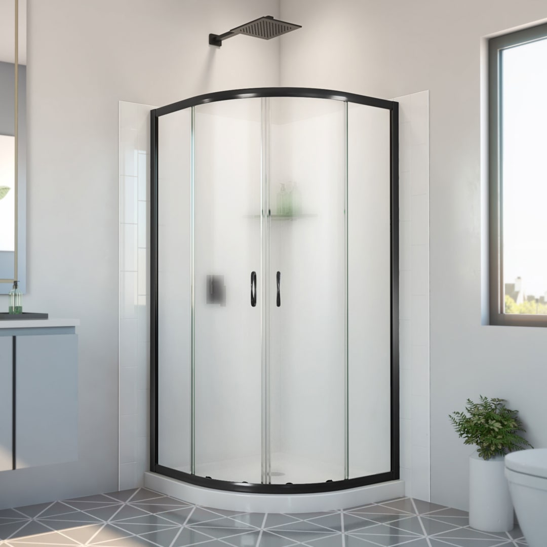 DreamLine Prime 36 inch x 36 inch x 78 3/4 inch H Semi-Frameless Sliding Shower Enclosure in Matte Black and Frosted Glass, Shower Base, and Wall Kit in White