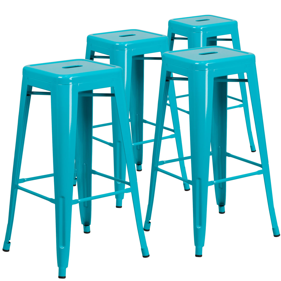 Kai Commercial Grade 4 Pack 30" High Backless Crystal Teal-Blue Indoor-Outdoor Barstool