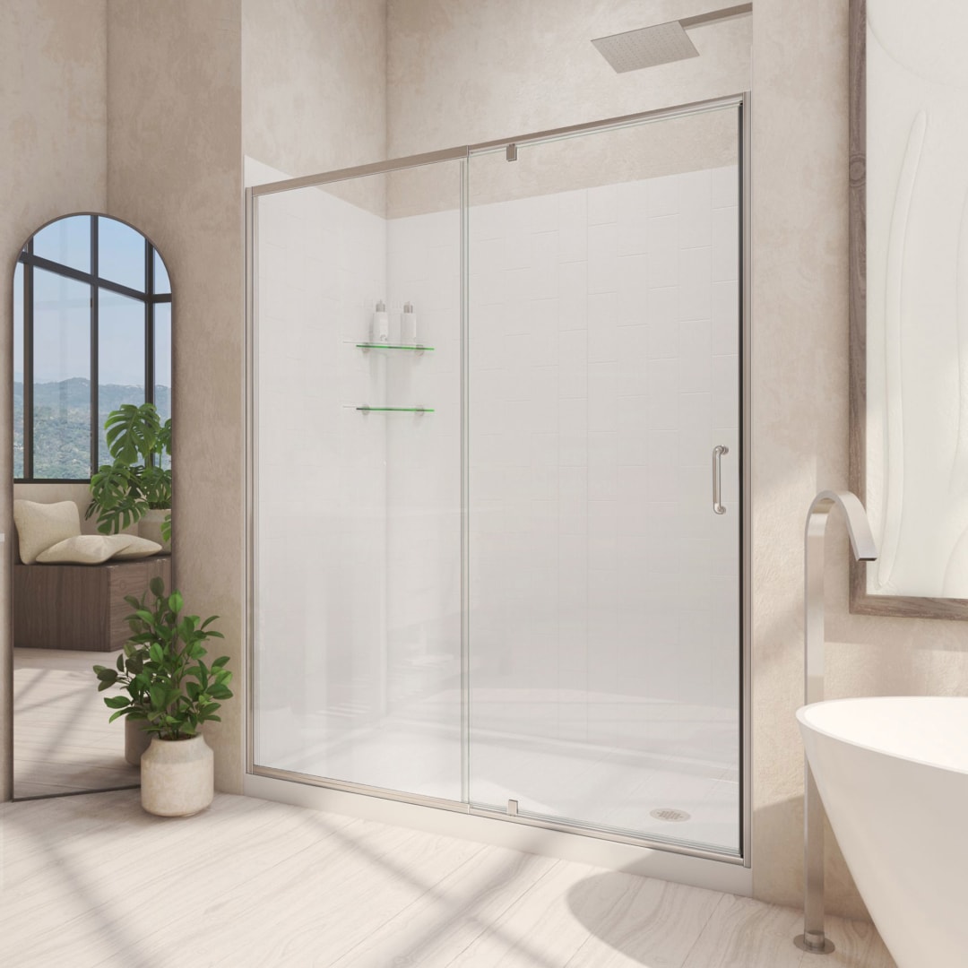 DreamLine Flex 32 inch D x 60 inch W x 78 3/4 inch H Semi-Frameless Pivot Shower Door in Brushed Nickel, Right Drain Shower Base, and Wall Kit in White