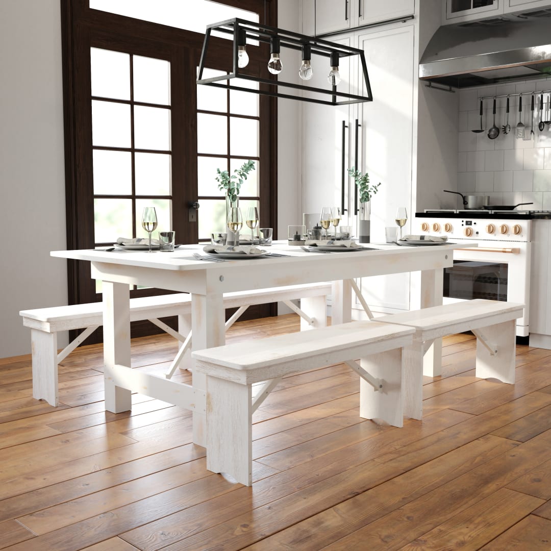 HERCULES Series 7' x 40" Rectangular Antique Rustic White Solid Pine Folding Farm Table