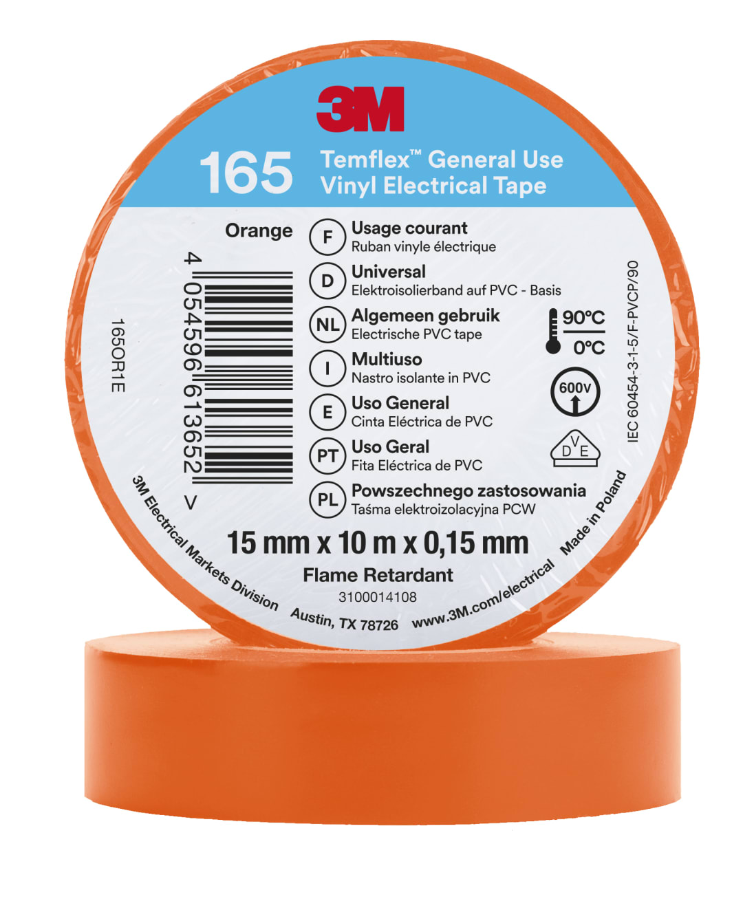 3M™ Temflex™ Vinyl Electrical Tape 165, Orange, 15 mm x 10 m, 100 Rolls/Case