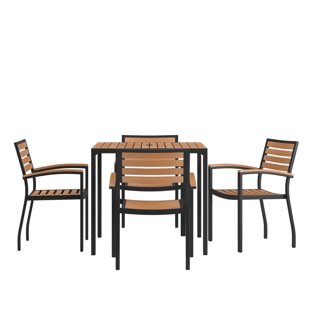 Lark 5 Piece Outdoor Dining Table Set - Synthetic Teak Poly Slats - 35" Square Steel Framed Table - Umbrella Hole - 4 Club Chairs