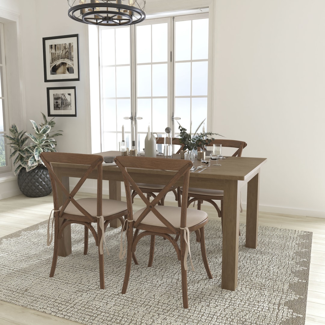 HERCULES 60" x 38" Antique Rustic Farm Table Set with 4 Cross Back Chairs and Cushions