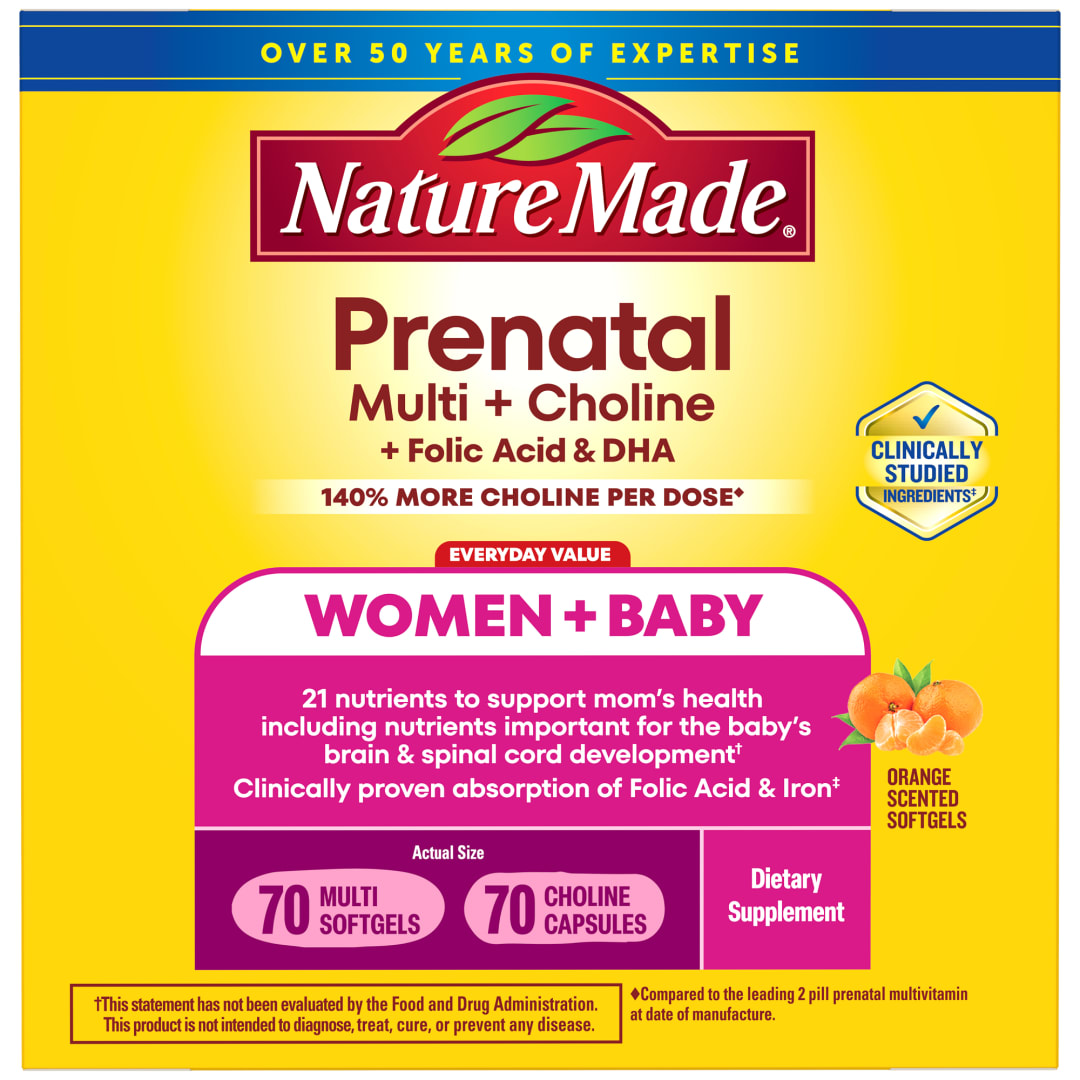 Nature Made Prenatal Vitamin Softgels + Choline Capsules, Folic Acid + DHA + Choline, 70 Prenatal Vitamins for Women, 70 Choline Supplements Capsules, 70 Day Supply