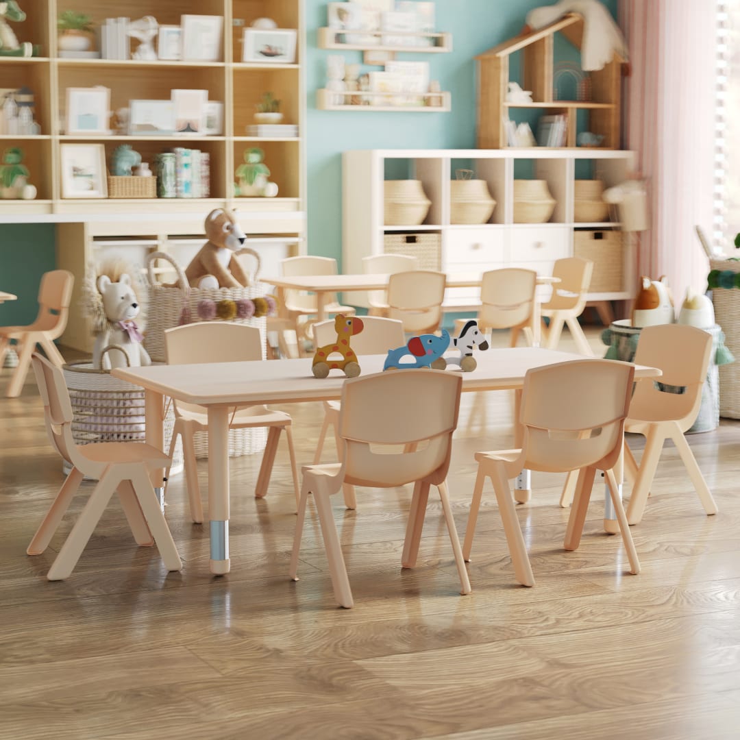 Emmy Adjustable Kids Activity Table Set – 23.6" x 47.25" Natural Plastic Table with 6 Natural Chairs – Classroom &amp; Daycare Table for Toddlers &amp; Kids
