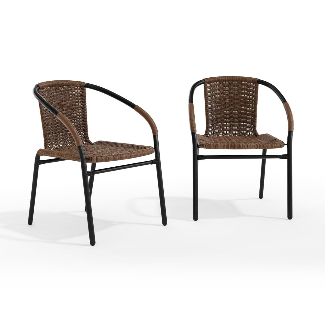 Lila Set of 2 Commercial Grade Medium Brown Rattan Indoor-Outdoor Restaurant Stack Chairs