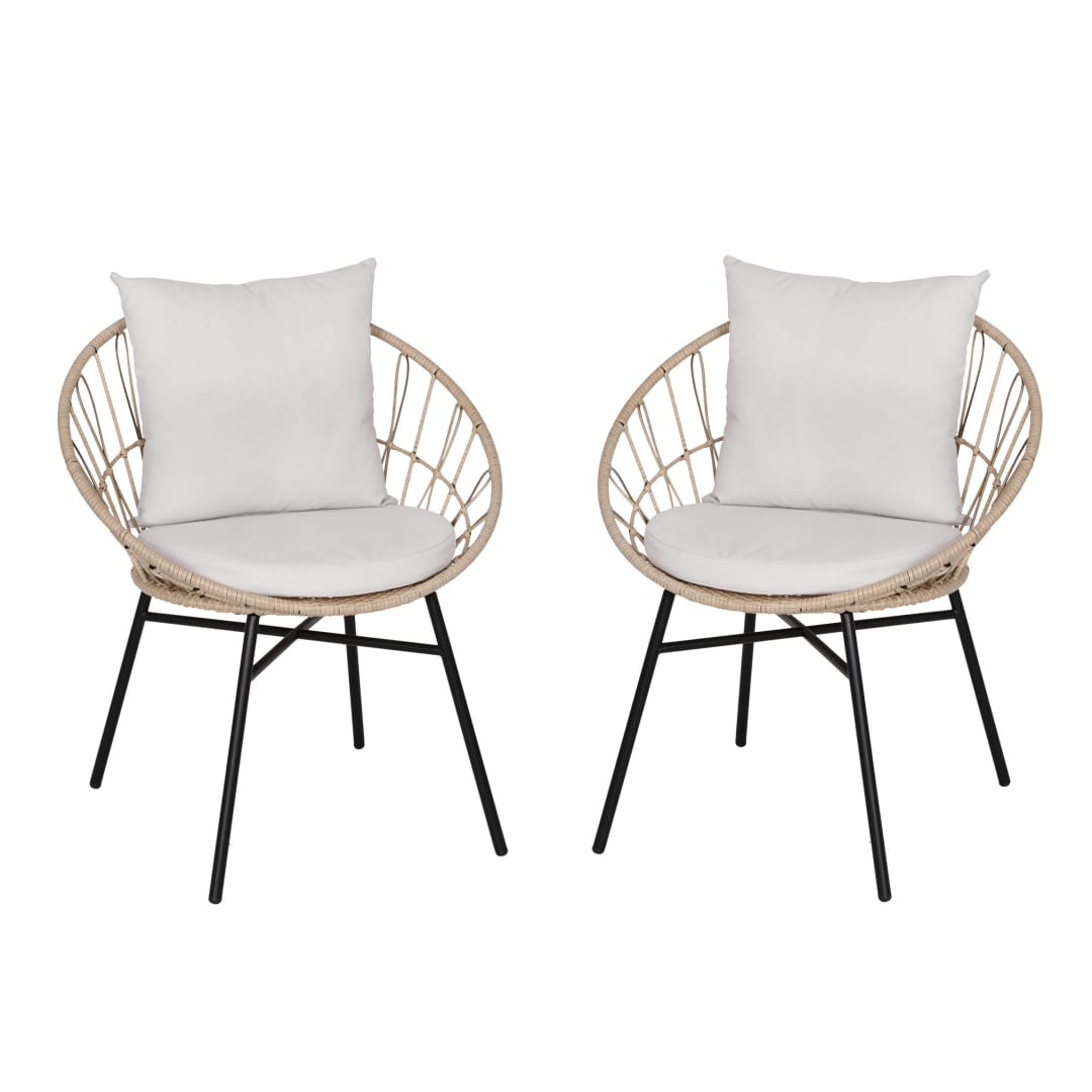 Devon Set of 2 Indoor/Outdoor Modern Papasan Patio Chairs, Rope with Tan Finish PE Wicker Rattan and Light Gray Cushions