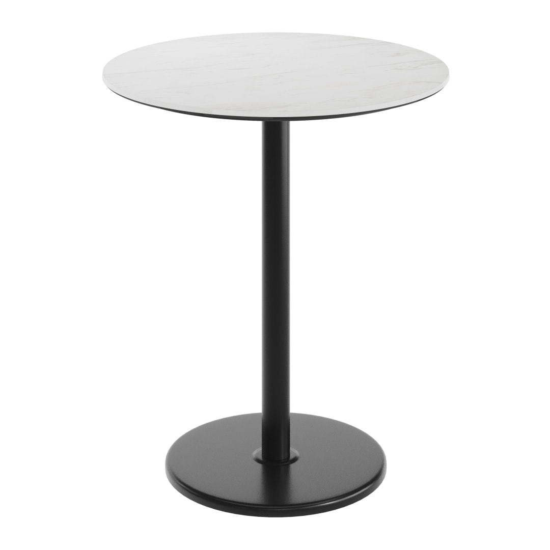 TopGuard 36" Round Tabletop, Seamless Surface Technology, White Faux Marble, 24" Black Round Bar Height Base, Moisture, Scratch, Heat, UV Resistant