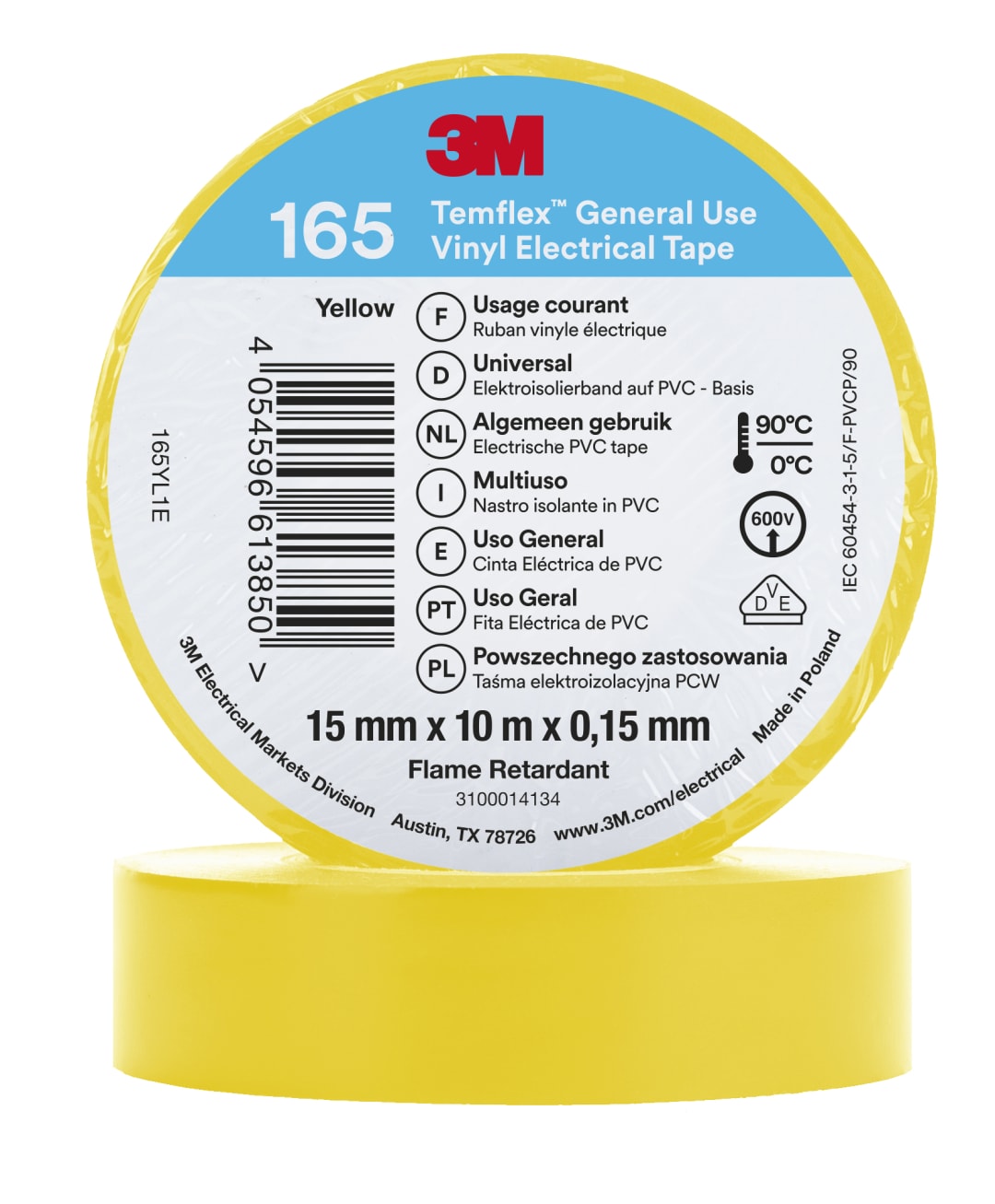 3M™ Temflex™ Vinyl Electrical Tape 165, Yellow, 15 mm x 10 m, 100 Rolls/Case