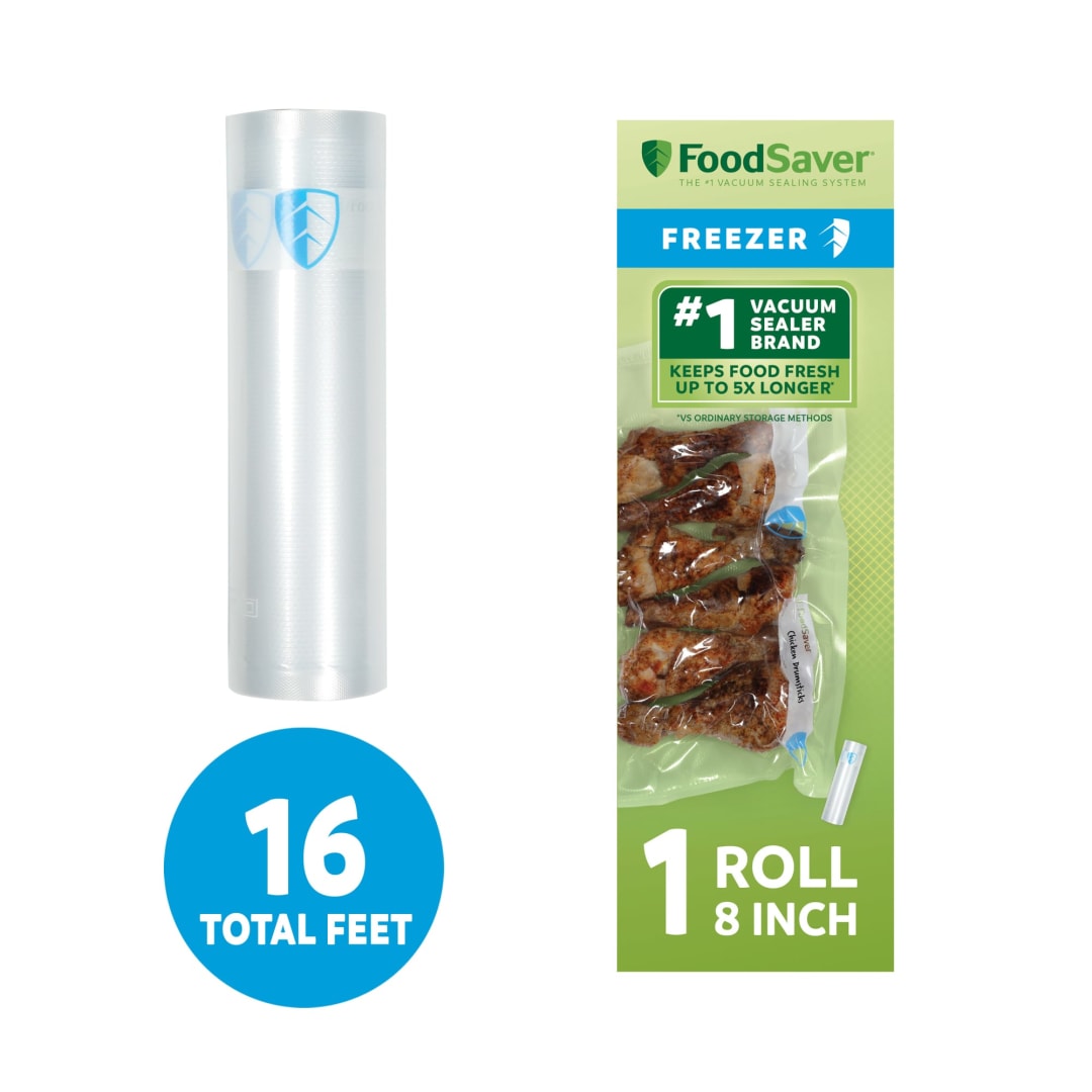 FoodSaver Vacuum Sealer Rolls, 1 Pack 8" x 16' Rolls, BPA-Free Custom Size Freezer Bags for Food Storage, Sous Vide, and Meal Prep